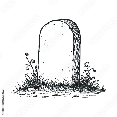 Tombstone in a grassy cemetery surrounded by wildflowers