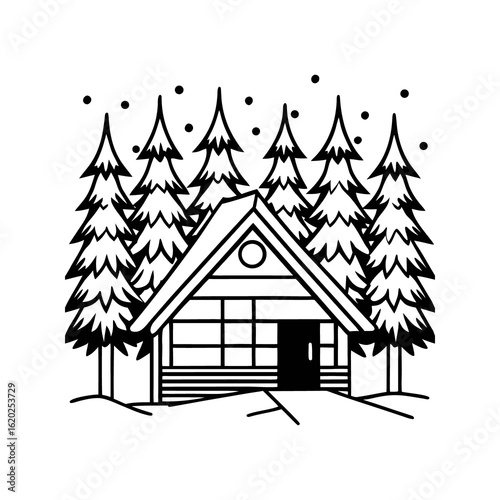 Rustic log cabin nestled among snowy pine trees in a winter landscape isolated on white background isolated on transparent background