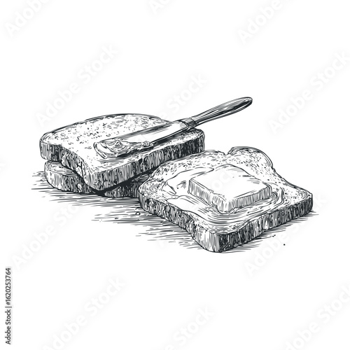Freshly toasted bread with butter spread on a breakfast table