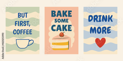 Vintage style posters with playful text, mid-century inspired prints, modern retro aesthetic posters