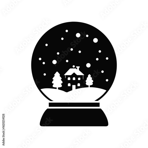 Black silhouette of a snow globe with a winter village scene isolated on white background isolated on transparent background