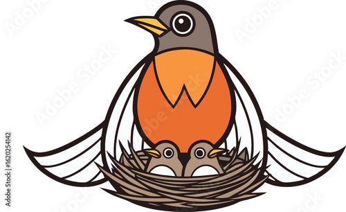 Sweet American Robin Family in Nest Vector Image Adorable Illustration