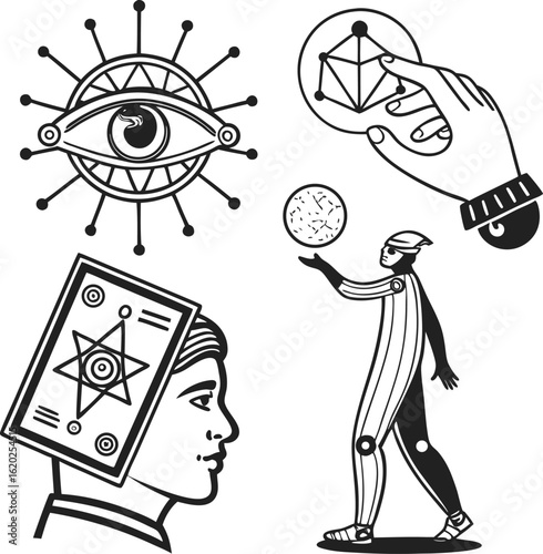 Mystical symbols eye hand figure and tarot card spiritual