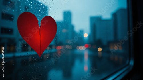 torn heart on rainy window at night