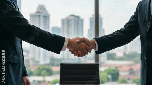 A business deal closes strong with a handshake City buildings are visible through the office window
