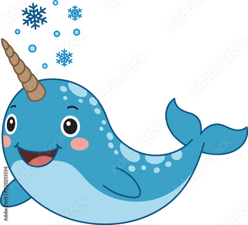 A cheerful blue narwhal with big eyes and rosy cheeks swims happily under falling snowflakes, its iconic tusk pointing upwards.