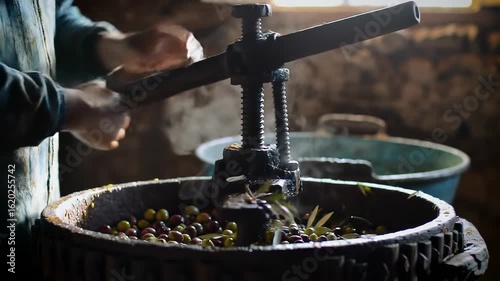 Old-fashioned olive pressing