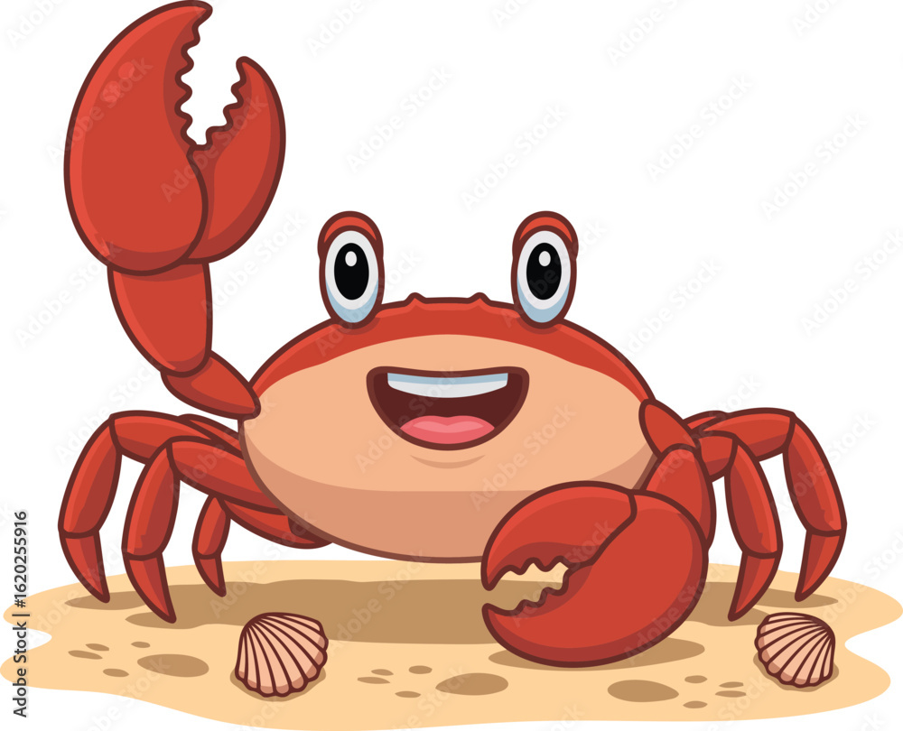 Fototapeta premium Happy cartoon crab waving one claw on a sandy beach with seashells
