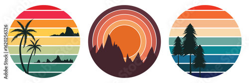 Mountain lake retro vintage sunset 80s beach aesthetic warm toned badge design. River sunset mountain adventure t-shirt concept. Abstract ocean view background inside circles shapes grunge collection 