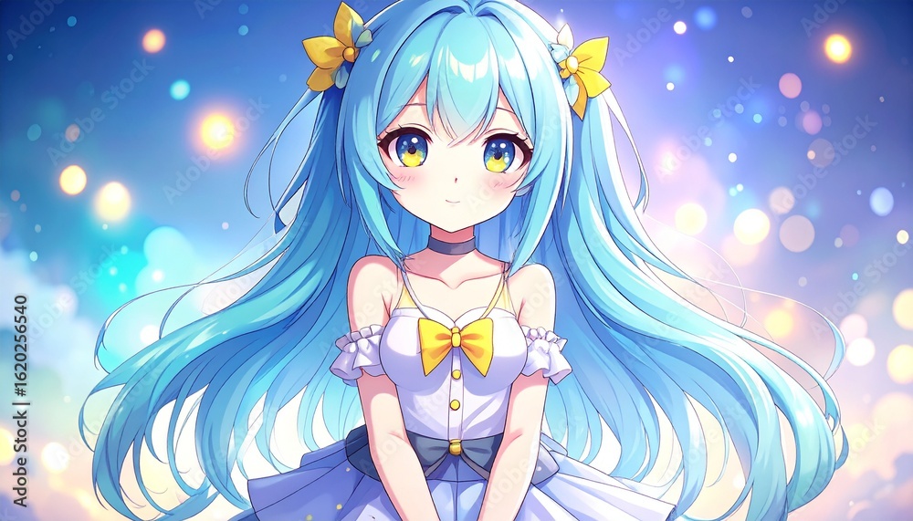 Colorful anime girl with long blue hair and yellow accents Colorful anime girl with long blue hair and yellow accents