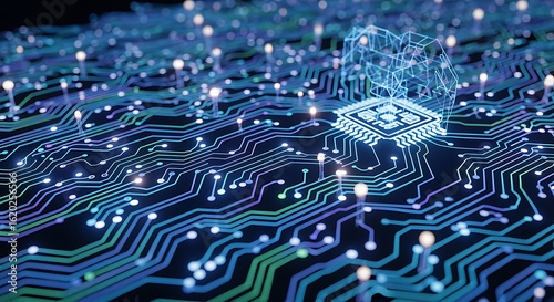 Illuminated circuit board with a central microchip and glowing nodes in a dark setting