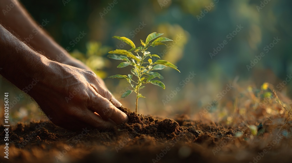 Fototapeta premium Planting Hope: Hands gently cradle a seedling, symbolizing new beginnings, growth, and the nurturing of life. The verdant sprout emerges from fertile earth, inviting a sense of peace and promise.