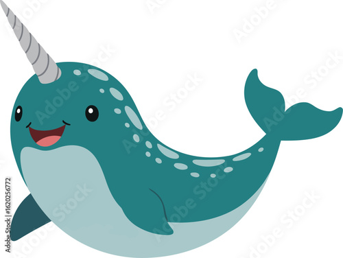 Cute cartoon narwhal with a long tusk swimming happily in the ocean