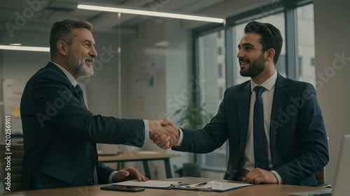 Two smiling businessmen shaking hands agreeably Successful deal closing inside modern office building Professional partnership benefits corporate growth
