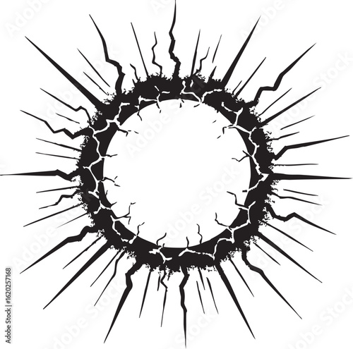 Abstract Black Circular Explosion with Jagged Edges and Bursting Rays Symbolizing Chaos and Energy