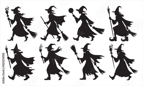 Black silhouette witches with brooms and torches walking in different poses halloween