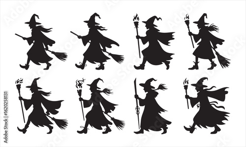 Eight Black Silhouette Witches Walking with Brooms and Torches white background