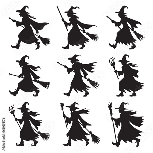 Nine black silhouette witches flying on broomsticks and holding torches vector
