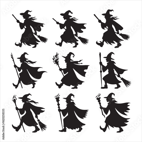 Nine black silhouette witches with hats and cloaks walking with brooms and torches white halloween