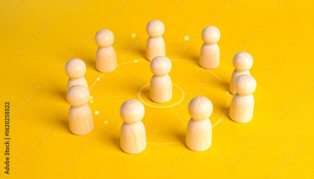 Obraz premium Wooden figurines in circular network on yellow background, symbolizing leadership and community.