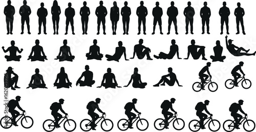 Silhouettes of people in various poses including standing, sitting, meditating, and cycling, front and side views, flat cad vector drawing for graphic design use