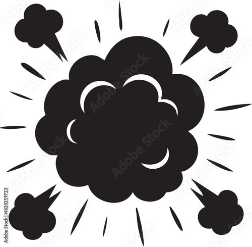 Black silhouette of a comic book explosion. Dynamic cartoon burst with a smoke cloud and blast lines, isolated illustration.