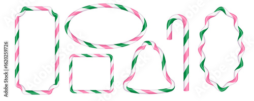 Set of Christmas candy cane frames with pink, green and white stripes. Striped Christmas candy cane pattern. New Year template with space for text. Vector illustration on white background.