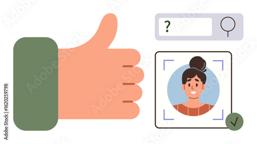 Thumbs-up icon, a search bar, and a photo with a verification checkmark emphasize identity confirmation. Ideal for security, approval, user interface, authentication, online searches, social media