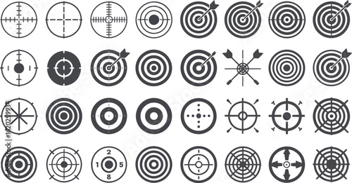 Collection of various target designs with arrows and crosshairs in a grid pattern on white background silhouette