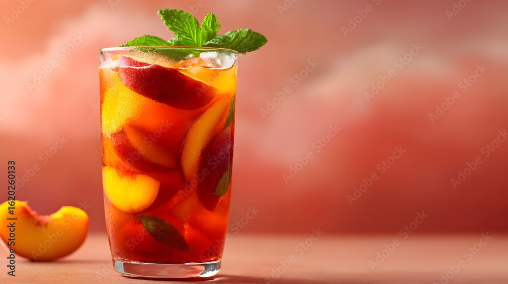 Naklejka premium Refreshing iced tea with peach slices and mint.