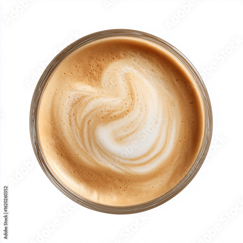 Top view of a cortado in a clear glass with foamed milk