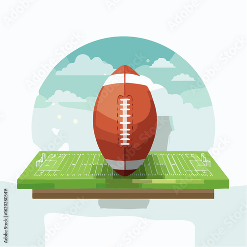 A stylized illustration of an American football floating above a miniature football field with a cloudy sky backdrop in a vibrant flat design style.