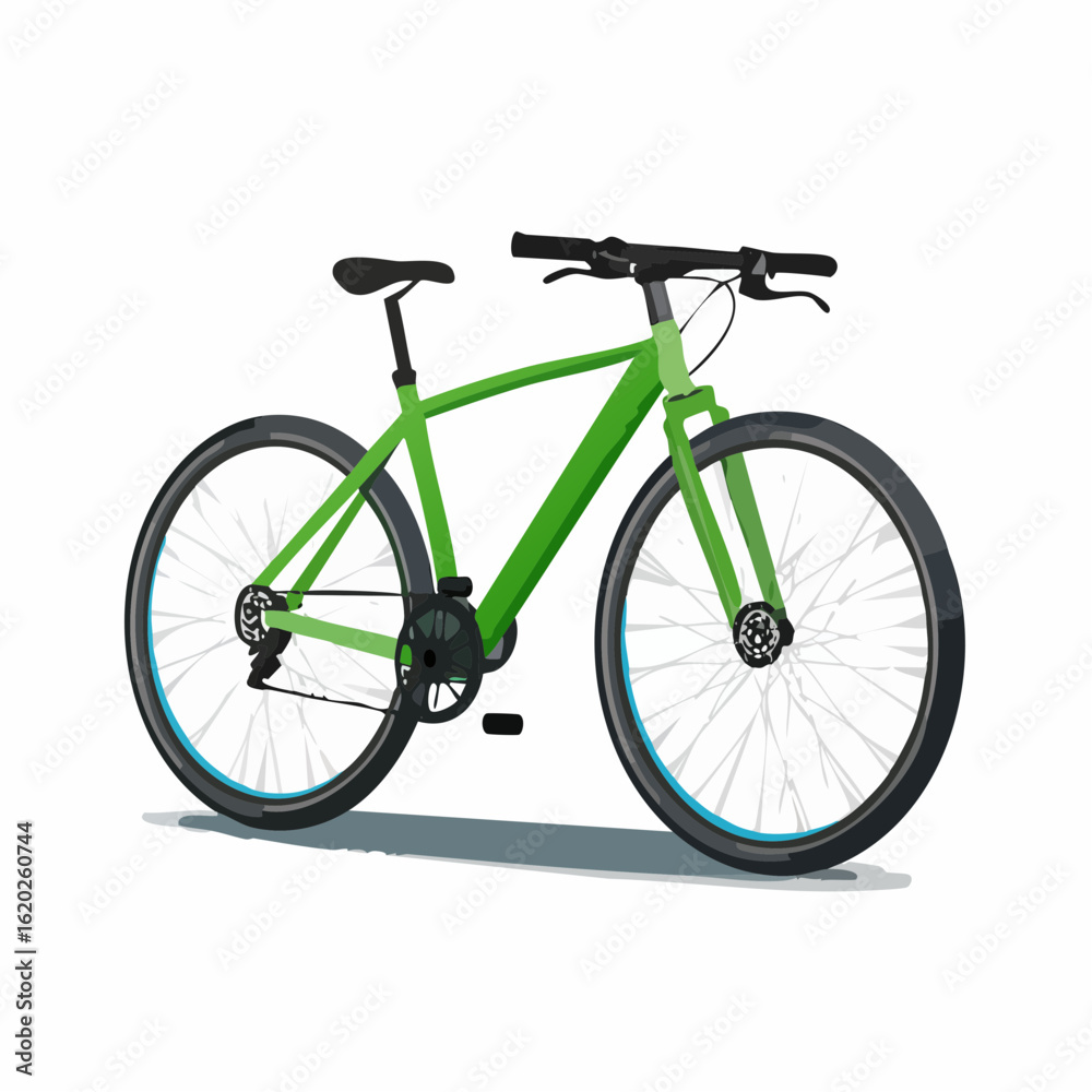 Obraz premium A vibrant green bicycle illustration with clean lines and a white background showcasing its essential components like wheels, frame, handlebars, and pedals.