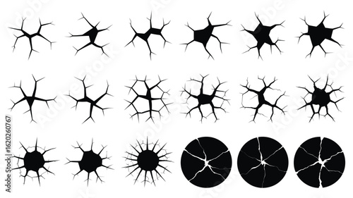 Collection of black and white crack patterns with varying densities and circular formations shown above silhouette