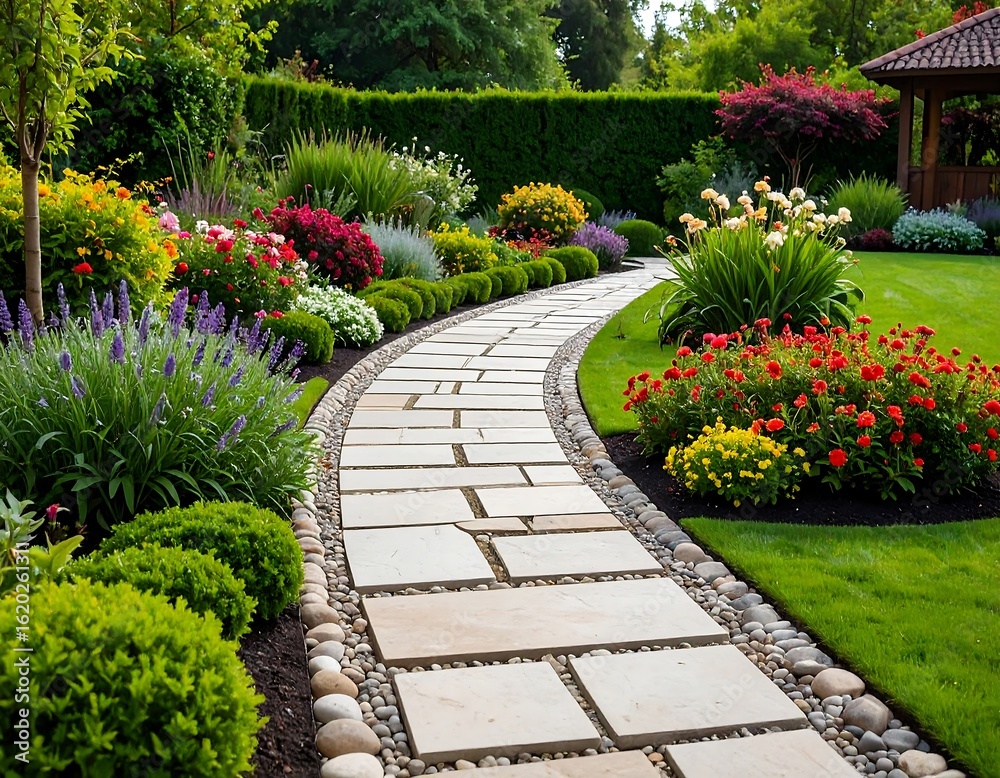 Obraz premium Beautiful garden path with colorful flowers and greenery