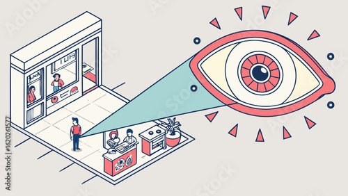 Isometric surveillance state illustration showing big eye watching people in a store setting scene