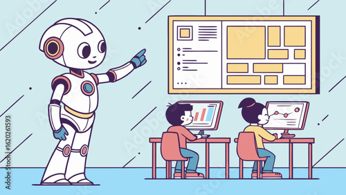 Robot teaching ai artificial intelligence in classroom with students learning technology automation future tech