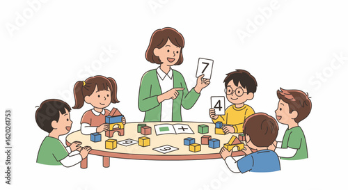 Teacher instructing young children around a table, using number cards and colorful blocks for an interactive math lesson.