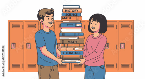 Two smiling students cooperatively carry a large stack of textbooks by lockers.