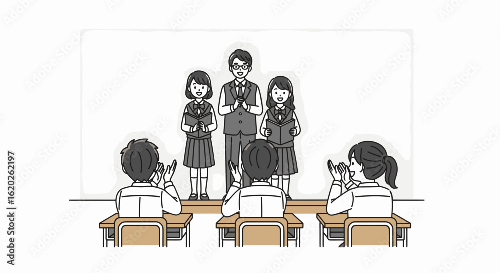 © Tomy - Students present a performance to classmates, receiving applause in a classroom setting. © Tomy - Students present a performance to classmates, receiving applause in a classroom setting.