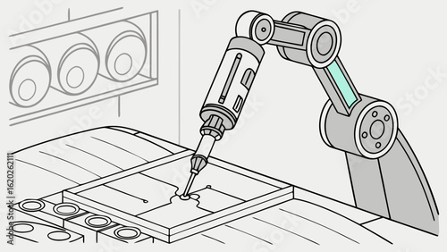 Automated robotic arm dispensing liquid in laboratory setting for scientific research and development work