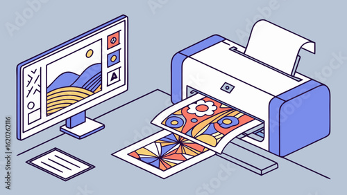 Printer printing colorful designs from computer screen for home office or small business setup concept