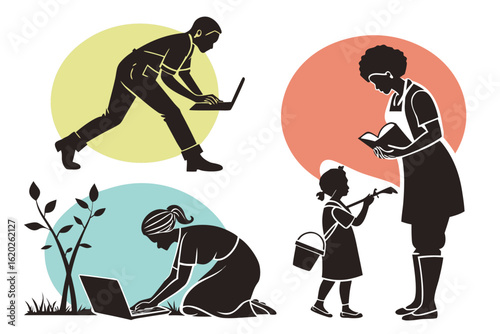 Illustration of a diverse family engaging in various activities such as working gardening and reading book
