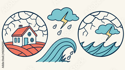 Natural disaster icons earthquake flood and storm damage illustration insurance risk management concept