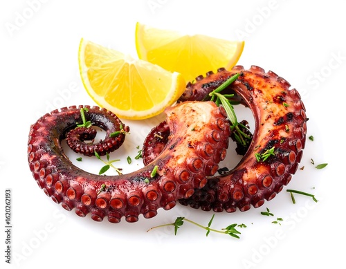 Delicious grilled octopus tentacle with lemon and herbs, a gourmet seafood appetizer isolated on white.