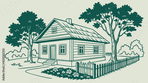 Illustration of a beautiful country house with trees and a picket fence for real estate marketing and design
