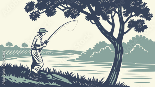 Vintage fly fishing scene man casting rod by river tree nature outdoor sport recreation leisure activity art