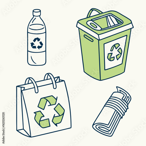 Illustration of recycling themed objects including plastic bottle bin bag and rolled newspapers arranged neatly