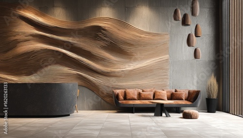 Modern lobby with a large, undulating wood-like wall feature, a curved reception desk, a low leather sofa, and minimalist d?cor