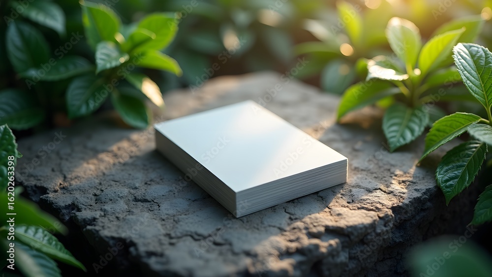 Business card mockup on textured stone with green leaves, natural branding concept Business card mockup on textured stone with green leaves, natural branding concept